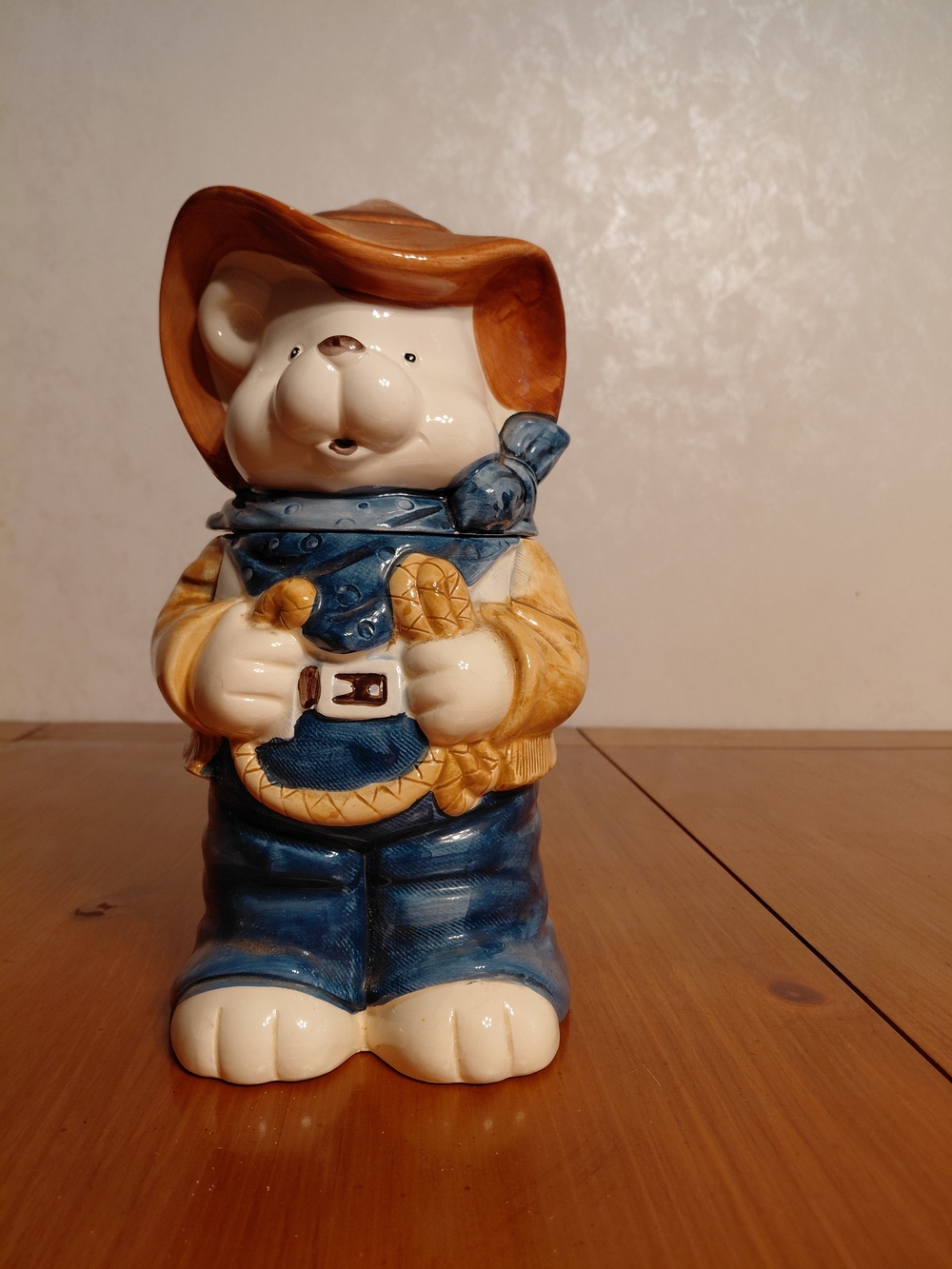 Ceramic Cowboy Bear Figurine in Blue and Tan